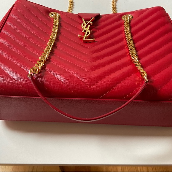 Saint Laurent Chevron-Quilted Leather Shoulder Chain Tote Bag, Red - Picture 3 of 11